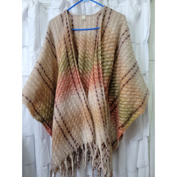 Cato Accessories - Cato Plaid Poncho Wrap Shawl Tan Orange Green Fringed Belted One Size OS 1608
